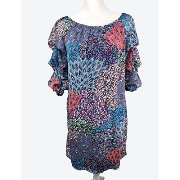 MSK Petite Womens Vibrant Multicolored Paisley Tunic Dress 3/4 Ruched Sleeves PM - Picture 13 of 14
